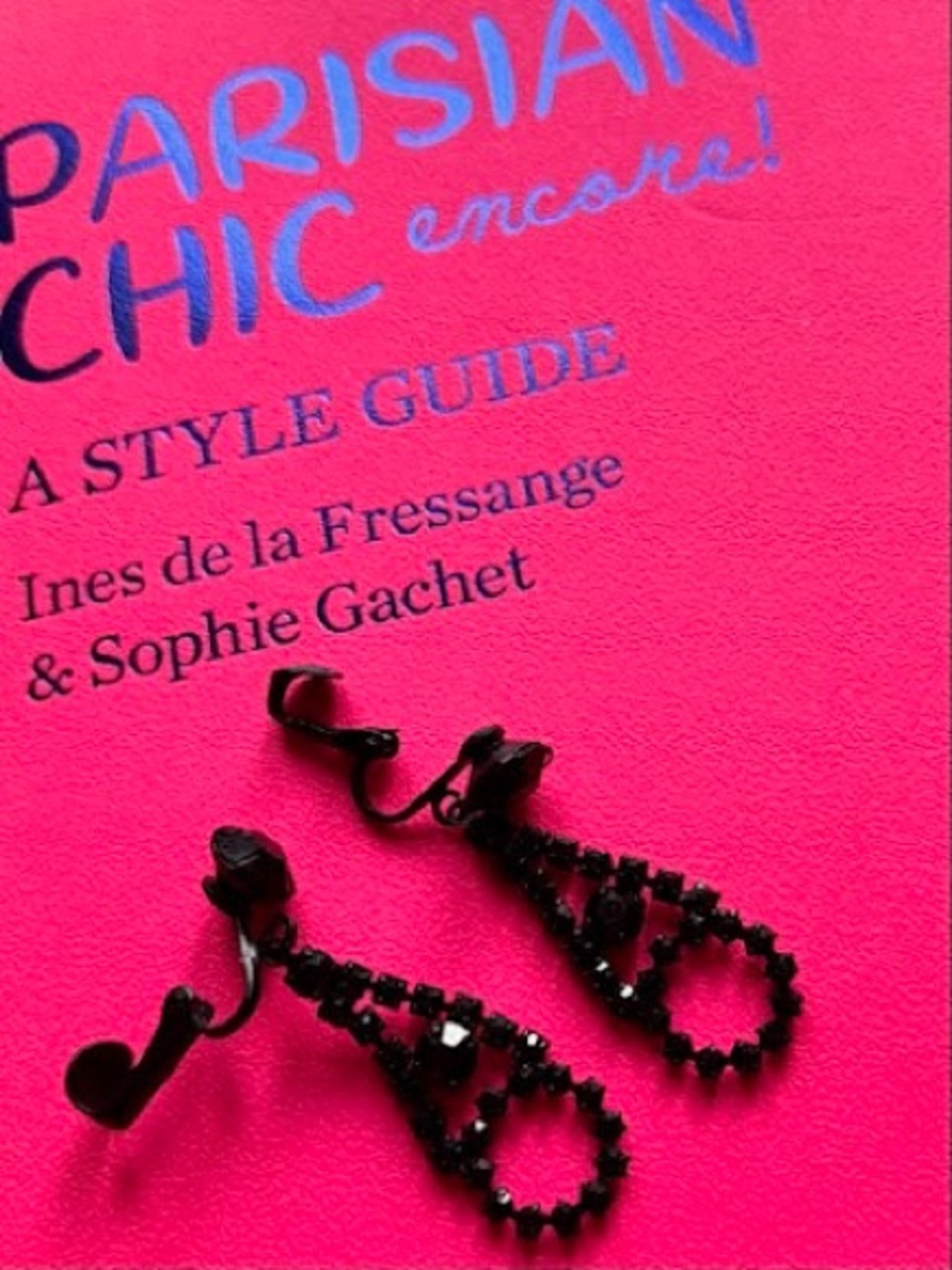 Vintage Black Rhinestone Teardrop Dangle Clip On Earrings Japanned